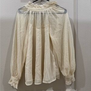 Blu Pepper Women’s S Cream High Neck Sheer Long Sleeve Victorian Ruffle Blouse